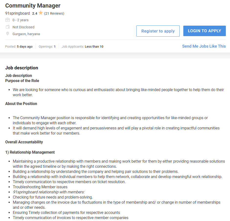 community manager job on Naukri