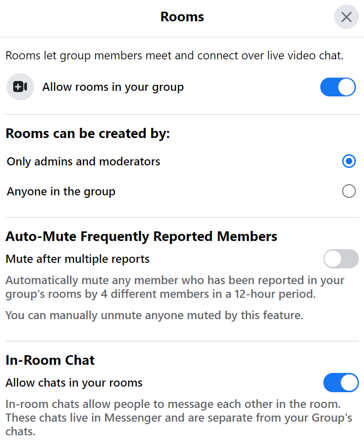 setting or rooms in facebook group