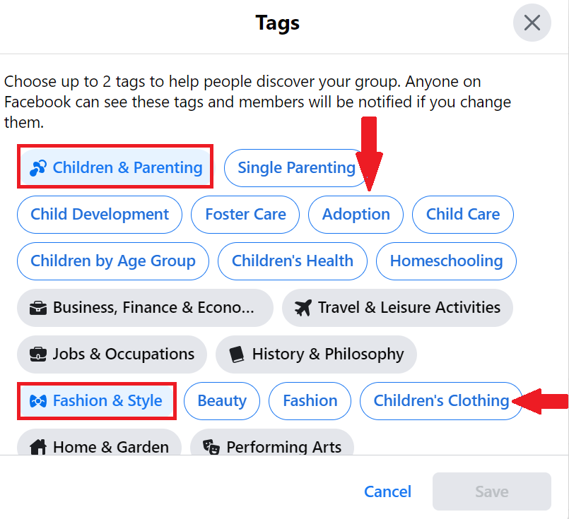 tags by fb group settings
