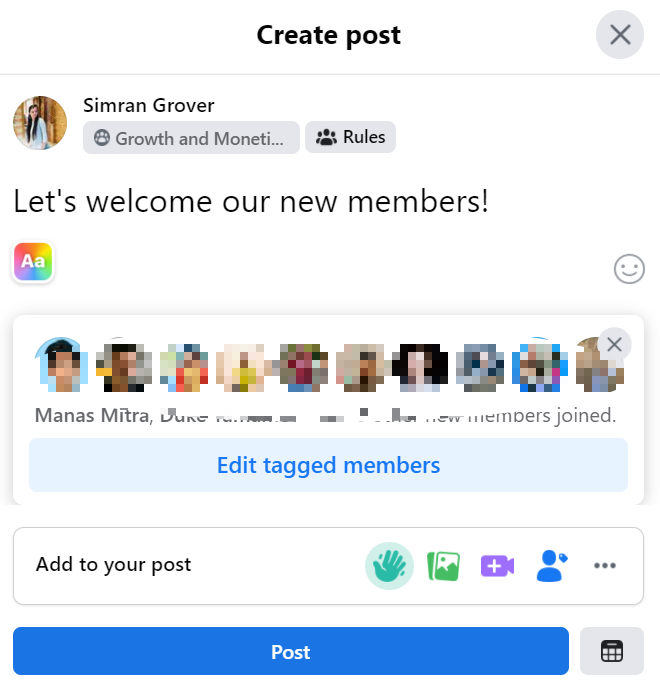 Process of how to create a welcome post on Facebook group for new members. 