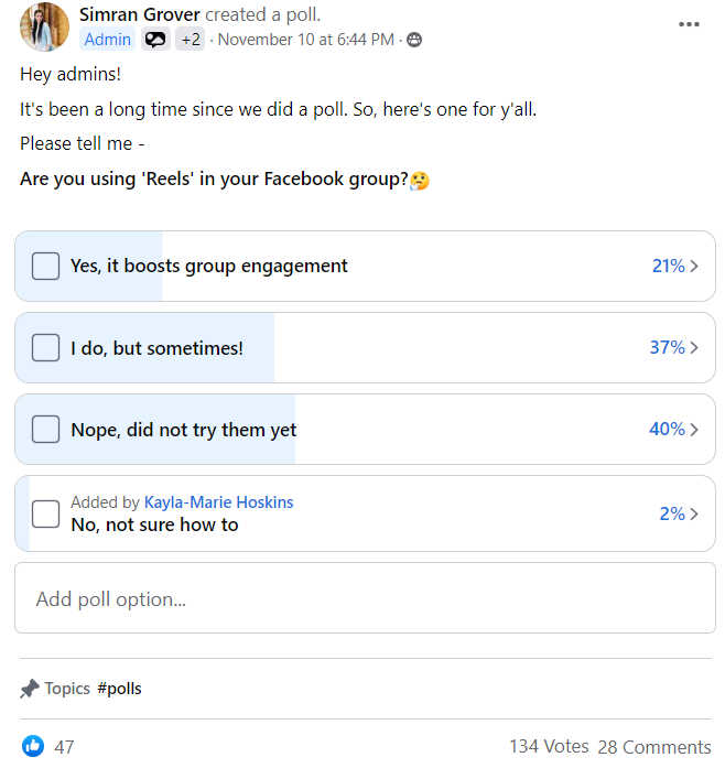 Poll on Facebook Group Reel