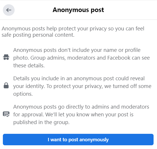 Facebook Screenshot of Group post, how to post anonymously on Facebook group
