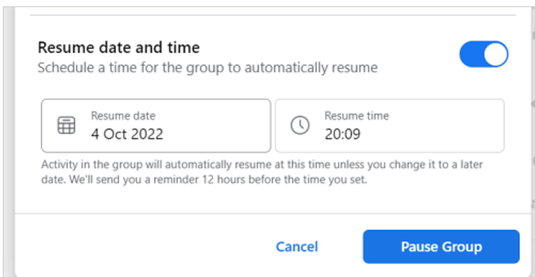 How to set time to pause a Facebook group