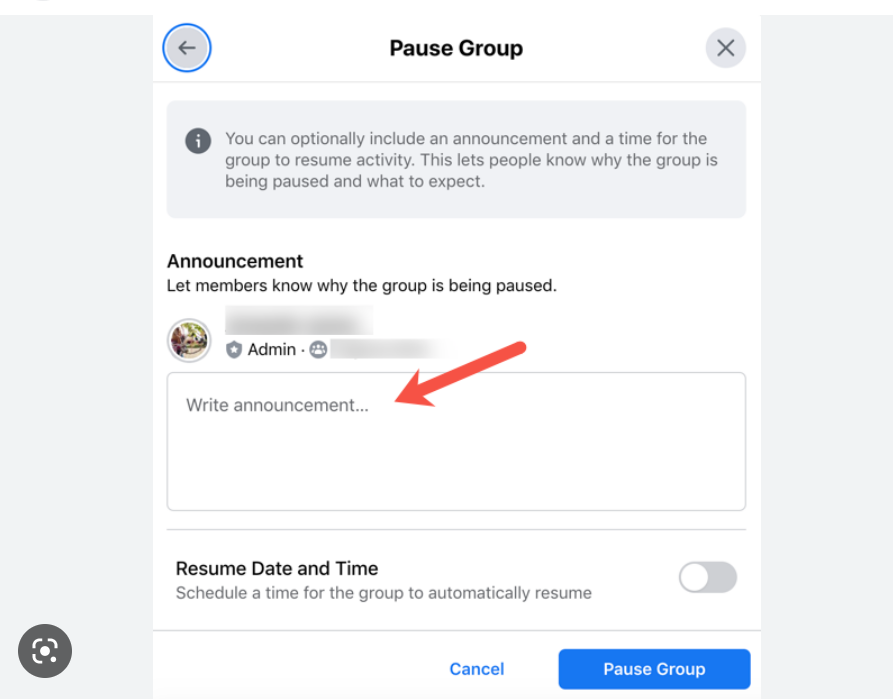 Pause a Facebook group means.